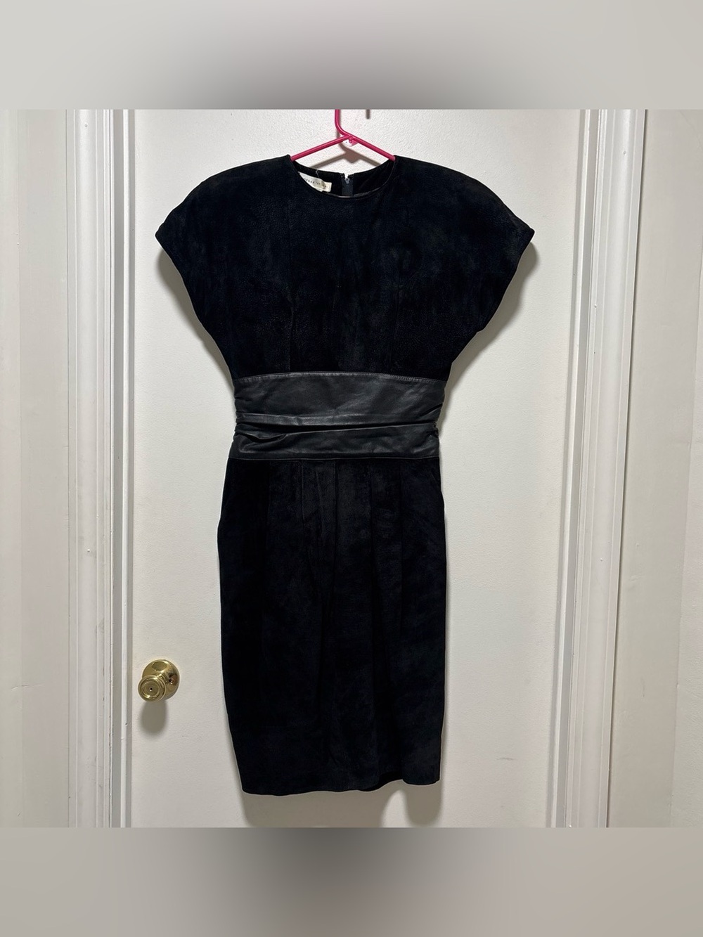 Black Suede Dress with Leather Waistband -vintage sheath dress sz 6 80s vintage